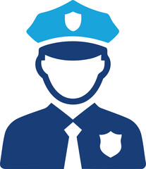 Blue police officer icon with uniform and cap isolated on transparent background