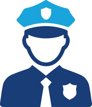 Blue police officer icon with uniform and cap isolated on transparent background