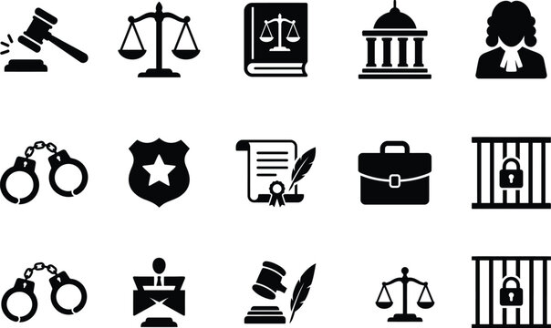 Judicial and legal practice icon set including courtroom elements and law enforcement symbols for professional legal services and litigation