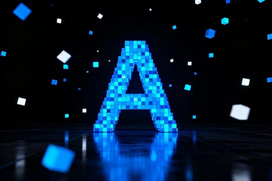Blue 3D pixel letter A with floating cubes on black background