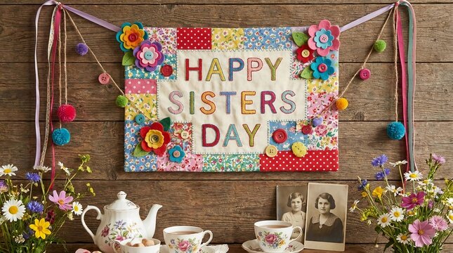 Happy Sisters Day fabric banner. Handmade patchwork sign for family celebration greeting.
