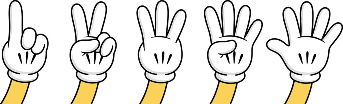 Cartoon Mascot Hand Counting Vector Set with White Gloves Showing Numbers One to Five Gestures