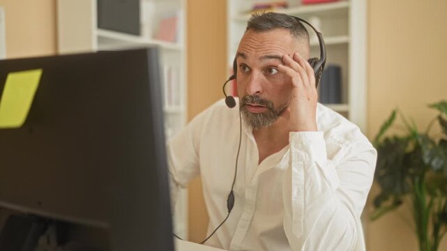 Man with headset touching temple and staring at computer monitor in an office building; frustration remote support.