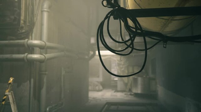 Abandoned bunker corridor with exposed pipes silent desolate atmosphere dust motes long shadows emergency ladder leaning against wall cracked concrete rusted