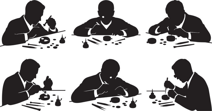 Vintage watchmaker silhouettes set, professional jeweler repairing clockwork mechanisms, craftsman working with precision tools vector