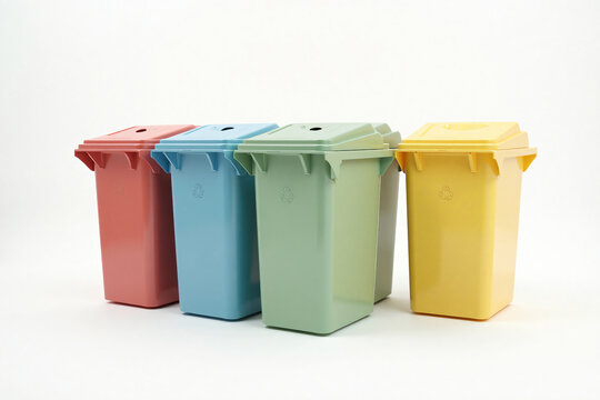 Colorful recyclable waste bins for eco friendly garbage disposal and organized recycling collection in residential or commercial environments with lids