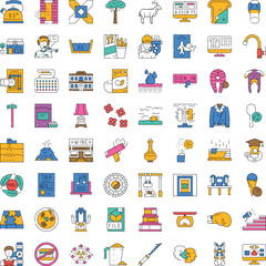 Naklejka premium Large collection of varied modern linear icons representing everyday objects, professional tools, food, nature, and abstract concepts for web, mobile, and print design