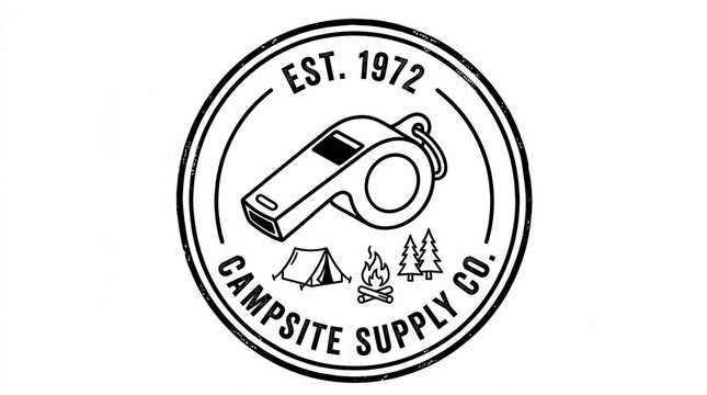vintage camping logo, whistle and tent