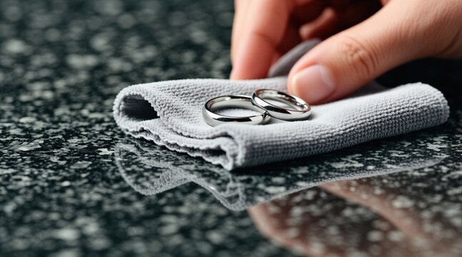 Person polishes silver wedding rings with grey cloth. Rings sparkle on dark reflective surface. Careful hand cleans jewellery at home. Routine care for precious metal accessories.