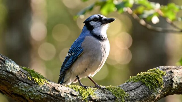 Beautiful blue jay bird perched on a moss-covered tree branch in a natural outdoor setting during daytime
