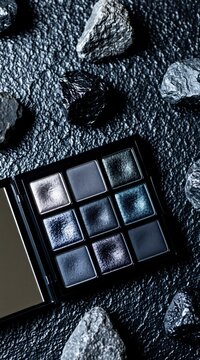 Makeup palette with dark grey, silver eyeshadow shades sits on black rough stone surface. Decorative cosmetic product kit features shiny metallic, matte pigments for pro beauty style. Elegant vanity