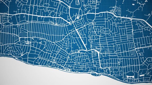 Ink reveal animation of Southend-on-Sea city, Essex, England, United Kingdom, grid map. Aerial top view. Blueprint style. White lines with blue background. 4K Seamless loop.