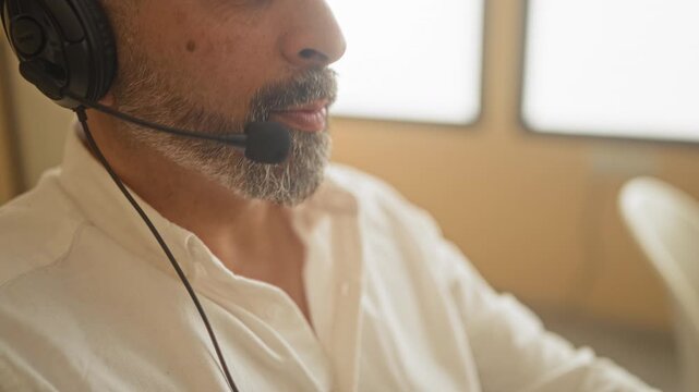 Man with headset speaking, mouth and beard visible while wearing white shirt in office building near windows and chair; focused professionalism.