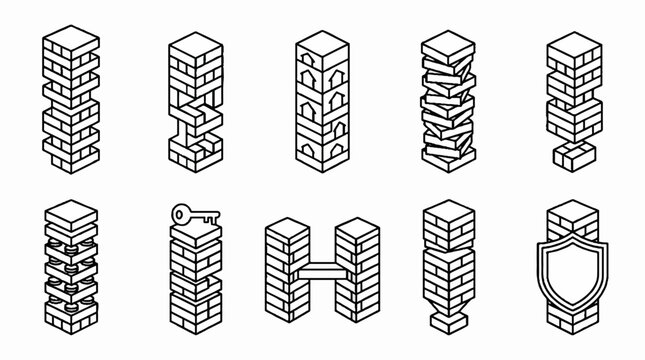 Set of isometric block tower icons representing stability and structure.
