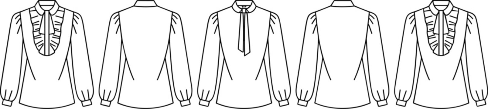 Technical fashion flat sketch showing front and back views of long-sleeved blouses featuring ruffles and bow tie necklines.