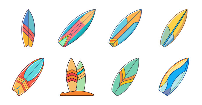 Colorful surfboards in a row with kiteboard - Brightly colored surfboards and a kiteboard arranged in a neat row, showcasing vibrant beach sports equipment with a playful and dynamic feel.