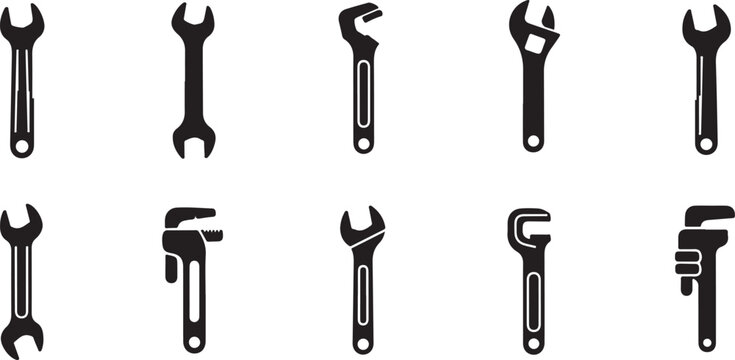 Wrench icon set, 10 mechanic tool vectors, black spanner silhouettes