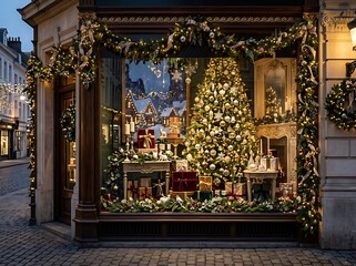 Fototapeta premium Enchanting traditional christmas shop window display with illuminated tree and festive gifts.