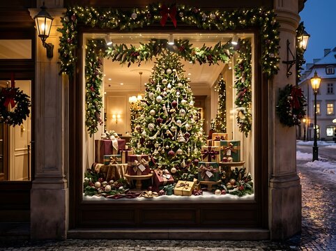 Festive christmas shop window display with gifts, tree, and winter decorations.