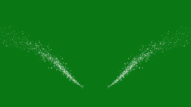 Luminous white fairy dust ribbons crossing into a graceful center with blinking glitter stars dissolving into darkness, magical particle transition on green screen background in 4k.