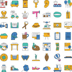 Wide array of flat color line icons representing concepts from business and technology to travel, education, health, agriculture, and leisure activities, indicating diverse themes © sevector