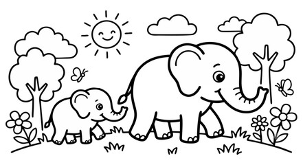 Cute Elephant Family Coloring Page Outline Vector Illustration for Kids © Muhammad