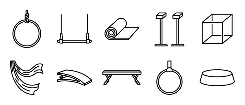 Set of black line art icons showing gymnastics and circus equipment like aerial hoop, trapeze, silks, and balance beam in a minimalist vector style illustration collection