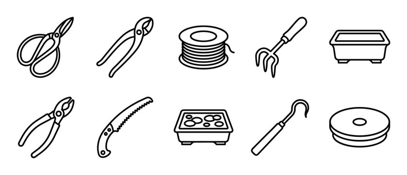Set of bonsai tool icons for gardening and horticulture presented in a clean black line art style, featuring scissors, cutters, wire, a rake, pots, a saw, and a turntable