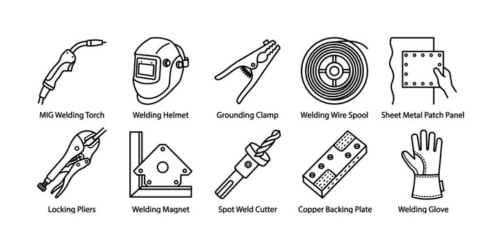 Welding tools and equipment icon set featuring a torch, helmet, clamp, wire spool, locking pliers, and magnet in a clean black and white line art vector illustration style