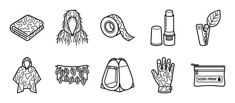 Set of hunting and survival equipment icons drawn in a simple black line art style, featuring camouflage clothing, a ghillie suit, a hunting blind, camo tape, and a scent-proof bag