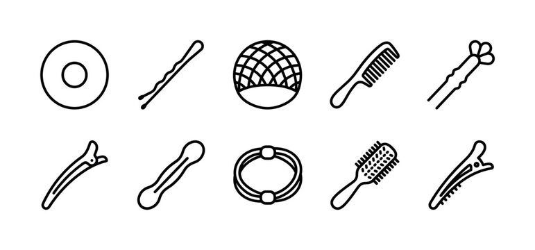 Set of minimalist black line icons showing different hair accessories and styling equipment such as a brush, comb, hair clips, bobby pins, and a hair net for hairdressing