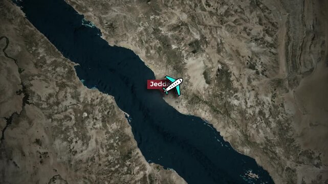 Jeddah to Dubai Airplane Flight Path Animation on Satellite Map Background
