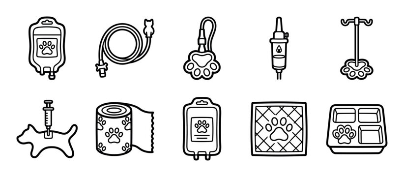 Set of veterinary medicine line art icons showing pet care supplies like an IV drip, syringe, bandage, and catheter for animal health concepts in a simple black and white style