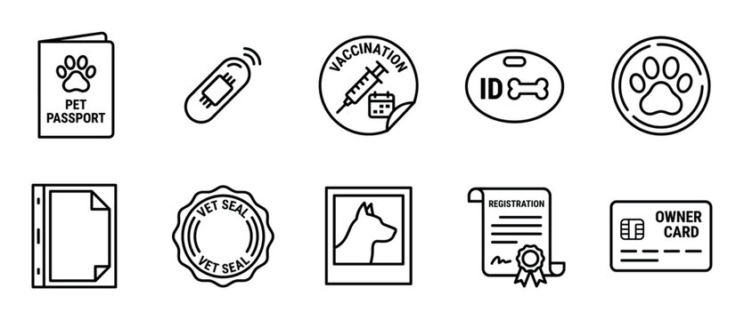 Pet identification and documentation icon set featuring a passport, microchip, vaccination record, ID tag, registration certificate, and owner card in a minimalist outline style