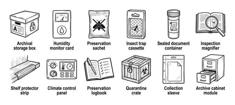 Archival preservation and collection management equipment icons in a hand-drawn sketch style, featuring a storage box, humidity monitor, insect trap, and climate control panel