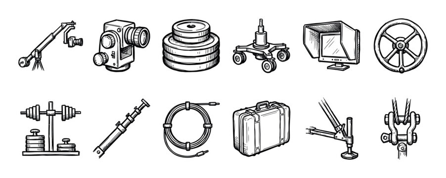 Set of filmmaking equipment icons including a camera crane, cinema camera, dolly, monitor, and grip gear in a hand-drawn black and white sketch illustration style