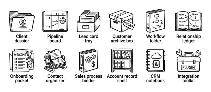 Hand drawn black and white icon set for customer relationship management, sales process, and business workflow concepts, featuring a pipeline board, client dossier, and contact organizer