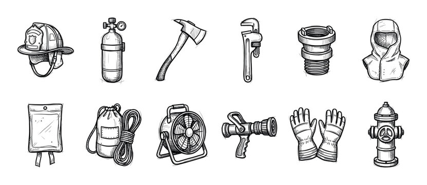 Hand-drawn firefighter tools and safety gear set featuring a helmet, axe, oxygen tank, and fire hydrant in a detailed black and white sketch illustration style