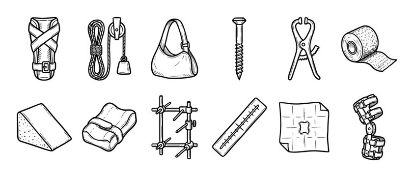 Collection of hand-drawn medical and orthopedic equipment including a brace, external fixator, bandage, and traction pulley in a black and white sketch illustration style