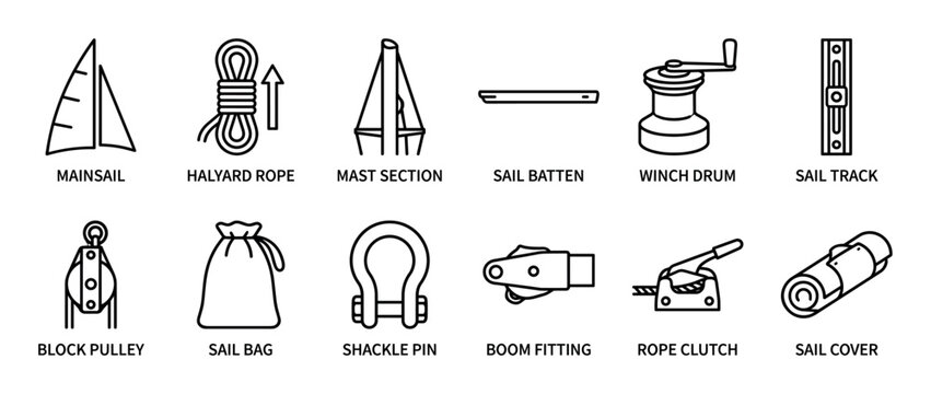 Sailing boat parts and equipment icons featuring a mainsail, halyard rope, mast section, winch, and pulley in a simple, clean black outline technical illustration set