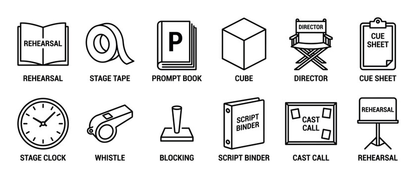 Set of theatre rehearsal icons showing a director's chair, script binder, stage clock, and cue sheet in a simple black and white outline style for production concepts