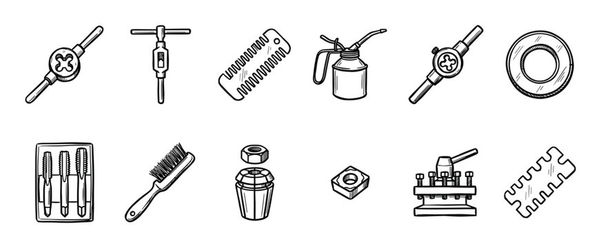 Collection of hand-drawn metalworking tools including a tap and die set, oil can, and lathe parts in a black and white sketch style for engineering and workshop concepts