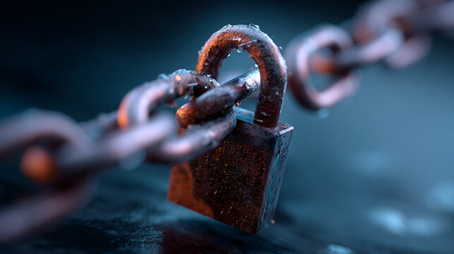 Weathered padlock securing old iron chain on dark background with security