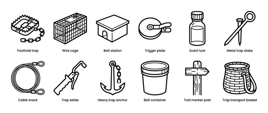 Collection of trapping and hunting equipment icons in a clean line art style, showing tools like a foothold trap, wire cage, bait station, and scent lure for catching wildlife