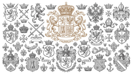 Vintage Heraldic Symbols Vector Collection with Medieval Shields Animals Crowns and Engraved Coat of Arms Elements © bow