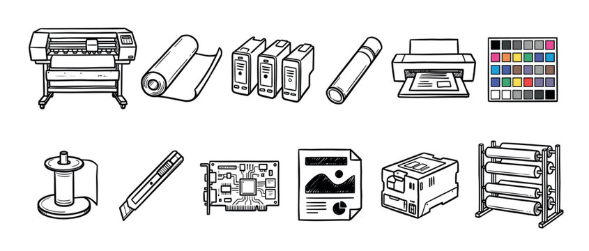 Hand-drawn printing and design equipment icons set featuring a plotter, printer, ink cartridges, paper rolls, and color palette in a simple black and white line art illustration style