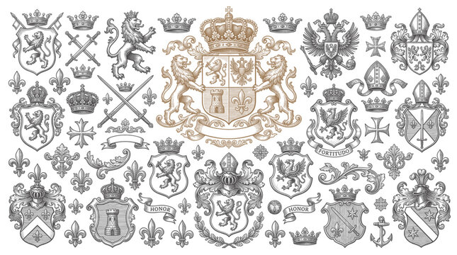 Vintage Heraldic Symbols Vector Collection with Medieval Shields Animals Crowns and Engraved Coat of Arms Elements