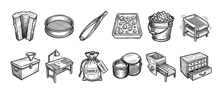 Hand-drawn mining and gemology equipment icons including a rock core sample, sorting machine, and prospecting tools in a detailed black and white sketch illustration style