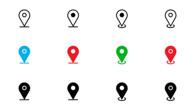 Location Pin Icons Set &ndash; Map Marker, GPS Pin and Destination Symbols in Outline, Filled and Color Style Vector Collection for Maps, Navigation and Mobile Apps Isolated on Transparent Background