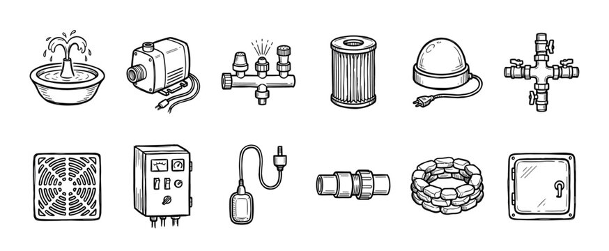 Hand-drawn water system equipment collection showing a pump, fountain, filter, well, and plumbing parts in a black and white doodle style illustration set for various technical concepts